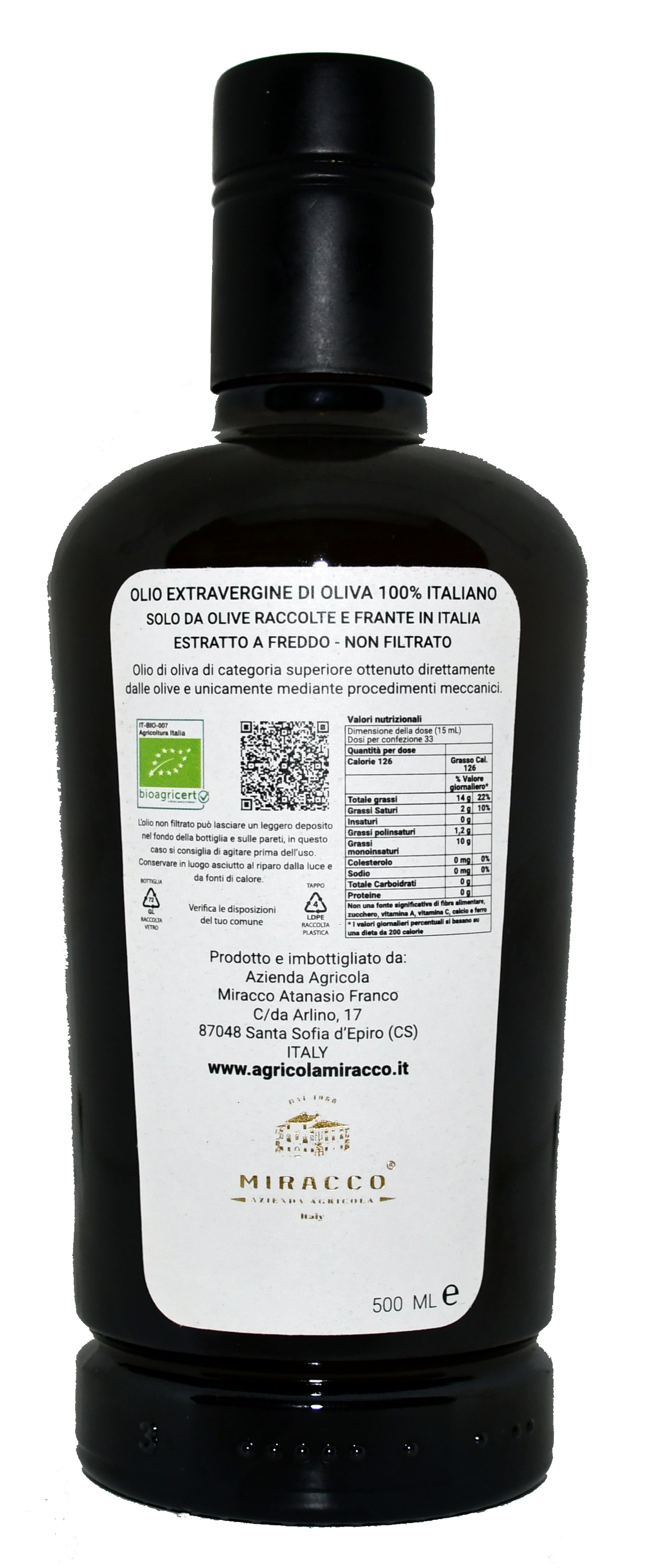 Olio Extravergine di Oliva Biologico Calabrese – Bottiglia 500ml | Non Filtrato