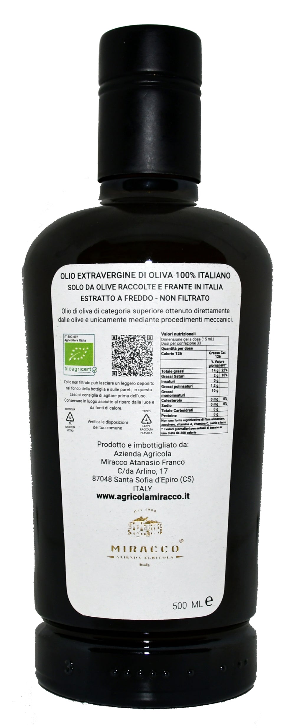 Olio Extravergine di Oliva Biologico Calabrese – Bottiglia 500ml | Non Filtrato